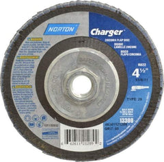 Norton - 40 Grit, 4-1/2" Disc Diam, 5/8-11 Center Hole, Type 29 Zirconia Alumina Flap Disc - 13,000 Max RPM, Fiberglass Backing, Arbor Attaching System, Coated - Americas Industrial Supply