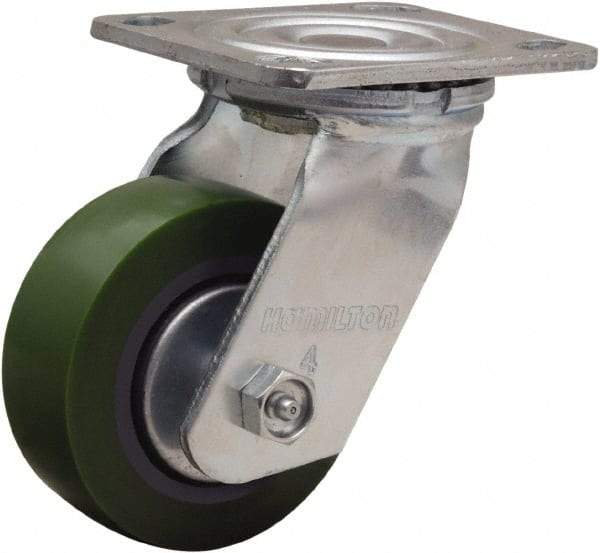 Hamilton - 4" Diam x 1-1/2" Wide x 5-5/8" OAH Top Plate Mount Swivel Caster - Polyurethane Mold onto Cast Iron Center, 675 Lb Capacity, Straight Roller Bearing, 4 x 4-1/2" Plate - Americas Industrial Supply