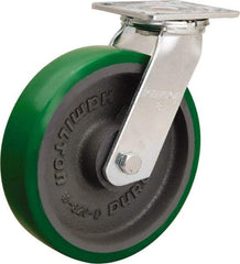 Hamilton - 8" Diam x 2" Wide x 9-1/2" OAH Top Plate Mount Swivel Caster - Polyurethane Mold onto Cast Iron Center, 900 Lb Capacity, Sealed Precision Ball Bearing, 4 x 4-1/2" Plate - Americas Industrial Supply