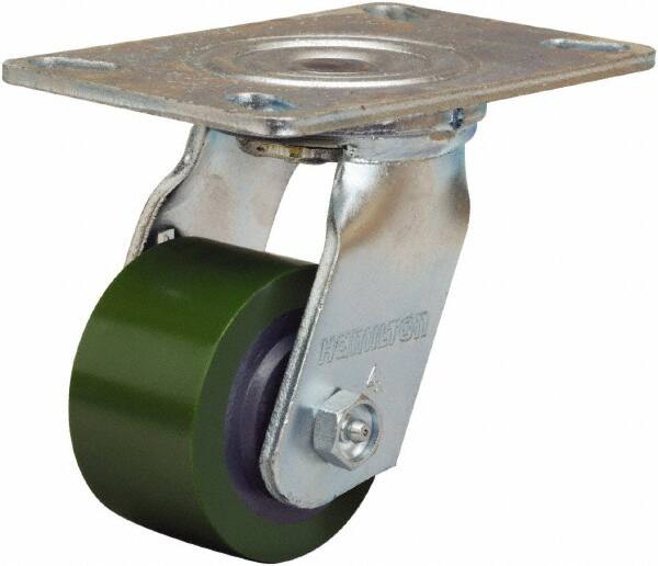 Hamilton - 3-1/4" Diam x 2" Wide x 5-1/4" OAH Top Plate Mount Swivel Caster - Polyurethane Mold onto Cast Iron Center, 575 Lb Capacity, Straight Roller Bearing, 4-1/2 x 6-1/4" Plate - Americas Industrial Supply