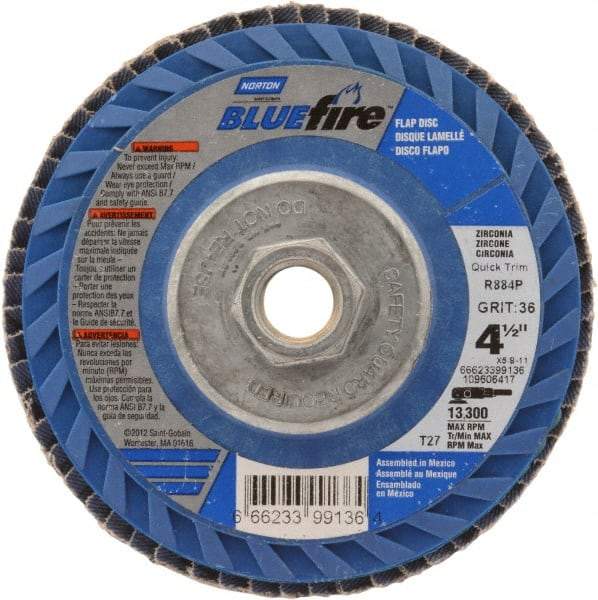 Norton - 36 Grit, 4-1/2" Disc Diam, 5/8-11 Center Hole, Type 27 Zirconia Alumina Flap Disc - 13,300 Max RPM, Cloth Backing, Arbor Attaching System, Coated - Americas Industrial Supply