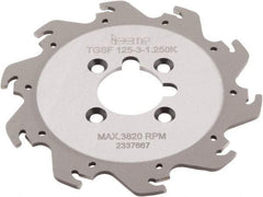Iscar - Arbor Hole Connection, 0.118" Cutting Width, 1.36" Depth of Cut, 4.921" Cutter Diam, 1-1/4" Hole Diam, 10 Tooth Indexable Slotting Cutter - TGSF Toolholder, TAG N3\x85 Insert, Right Hand Cutting Direction - Americas Industrial Supply