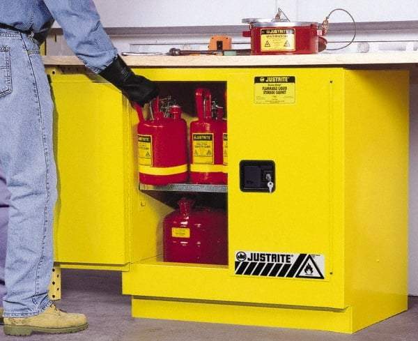 Justrite - 2 Door, 1 Shelf, Yellow Steel Under the Counter Safety Cabinet for Flammable and Combustible Liquids - 35" High x 35" Wide x 22" Deep, Manual Closing Door, 22 Gal Capacity - Americas Industrial Supply