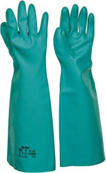 Ansell - Size L (9), 18" Long, 22 mil Thick, Nitrile Chemical Resistant Gloves - Textured Finish, Straight Cuff, ANSI Abrasion Level 5, ANSI Cut Level 0, Green, FDA Approved - Americas Industrial Supply
