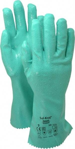 Ansell - Size S (7), 12" Long, 47 mil Thick, Supported, Nitrile Chemical Resistant Gloves - Textured Finish, Cotton Interlock Knit Lined, Gauntlet Cuff, ANSI Abrasion Level 4, ANSI Cut Level 1, Green, FDA Approved - Americas Industrial Supply