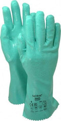 Ansell - Size S (7), 12" Long, 47 mil Thick, Supported, Nitrile Chemical Resistant Gloves - Textured Finish, Cotton Interlock Knit Lined, Gauntlet Cuff, ANSI Abrasion Level 4, ANSI Cut Level 1, Green, FDA Approved - Americas Industrial Supply