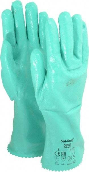 Ansell - Size M (8), 12" Long, 47 mil Thick, Supported, Nitrile Chemical Resistant Gloves - Textured Finish, Cotton Interlock Knit Lined, Gauntlet Cuff, ANSI Abrasion Level 4, ANSI Cut Level 1, Green, FDA Approved - Americas Industrial Supply