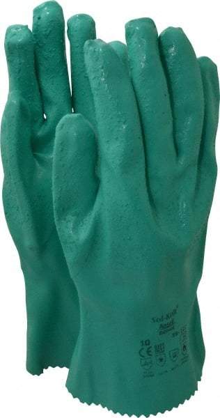 Ansell - Size XL (10), 12" Long, 47 mil Thick, Supported, Nitrile Chemical Resistant Gloves - Textured Finish, Cotton Interlock Knit Lined, Gauntlet Cuff, ANSI Abrasion Level 4, ANSI Cut Level 1, Green, FDA Approved - Americas Industrial Supply