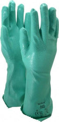 Ansell - Size S (7), 14" Long, 47 mil Thick, Supported, Nitrile Chemical Resistant Gloves - Textured Finish, Cotton Interlock Knit Lined, Gauntlet Cuff, ANSI Abrasion Level 4, ANSI Cut Level 1, Green, FDA Approved - Americas Industrial Supply
