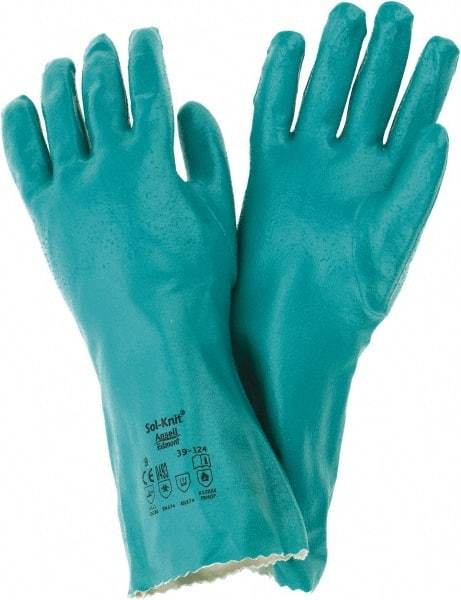 Ansell - Size L (9), 14" Long, 47 mil Thick, Supported, Nitrile Chemical Resistant Gloves - Textured Finish, Cotton Interlock Knit Lined, Gauntlet Cuff, ANSI Abrasion Level 4, ANSI Cut Level 1, Green, FDA Approved - Americas Industrial Supply