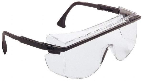 Uvex - Clear Lenses, Framed Safety Glasses - Anti-Fog, Scratch Resistant, Black Plastic Frame, Adjustable Temples, Size Universal, Over the Glasses - Americas Industrial Supply