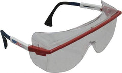 Uvex - Clear Lenses, Framed Safety Glasses - Anti-Fog, Scratch Resistant, Red/White/Blue Plastic Frame, Adjustable Temples, Size Universal, Over the Glasses - Americas Industrial Supply