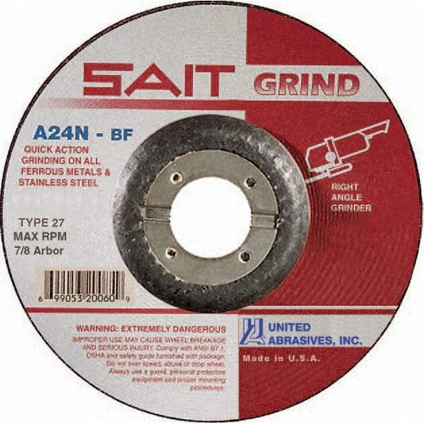 Sait - 24 Grit, 9" Wheel Diam, 1/4" Wheel Thickness, 7/8" Arbor Hole, Type 27 Depressed Center Wheel - Aluminum Oxide, Resinoid Bond, N Hardness, 6,600 Max RPM, Compatible with Angle Grinder - Americas Industrial Supply