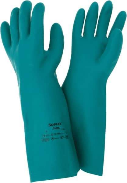 Ansell - Size L (9), 15" Long, 22 mil Thick, Nitrile Chemical Resistant Gloves - Textured Finish, Straight Cuff, ANSI Abrasion Level 5, ANSI Cut Level 0, Green, FDA Approved - Americas Industrial Supply