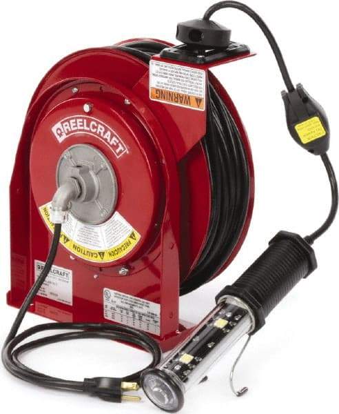 Reelcraft - 16 AWG, 50' Cable Length, Cord & Cable Reel with LED Light End - 1 Outlet, NEMA 5-15R, 13 Amps, 125 Volts, SJTOW Cable, Red Reel, Spring Driven Reel - Americas Industrial Supply