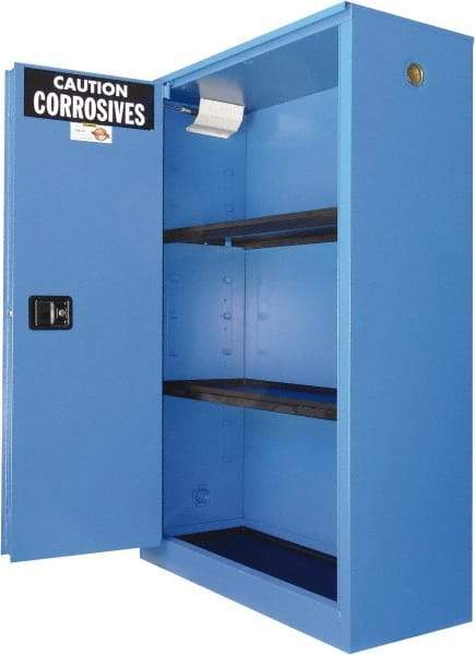 Securall Cabinets - 2 Door, 2 Shelf, Blue Steel Standard Safety Cabinet for Corrosive Chemicals - 65" High x 43" Wide x 18" Deep, Sliding Door, 3 Point Key Lock, 45 Gal Capacity - Americas Industrial Supply