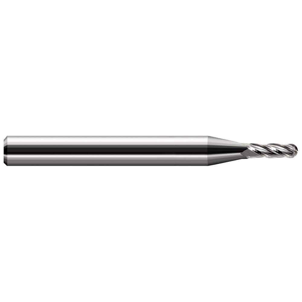 Ball End Mill: 0.045″ Dia, 0.135″ LOC, 3 Flute, Solid Carbide 1-1/2″ OAL, 1/8″ Shank Dia, 30 ° Helix, Uncoated, Single End