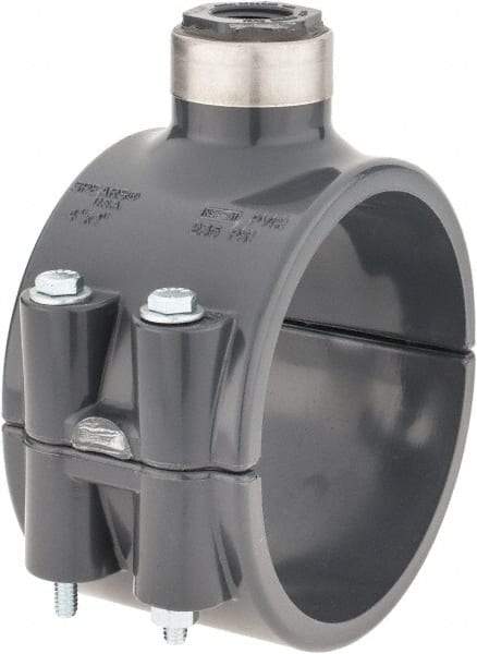 Value Collection - 4 x 1/2" PVC Plastic Pipe Clamp On Saddle with Viton O-Ring - Schedule 80, Pipe O.D. x SR Fipt End Connections - Americas Industrial Supply