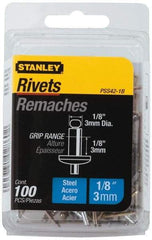 Stanley - Steel Color Coded Blind Rivet - Steel Mandrel, 0.062" to 1/8" Grip, 1/4" Head Diam, 0.125" to 0.133" Hole Diam, 0.275" Length Under Head, 1/8" Body Diam - Americas Industrial Supply