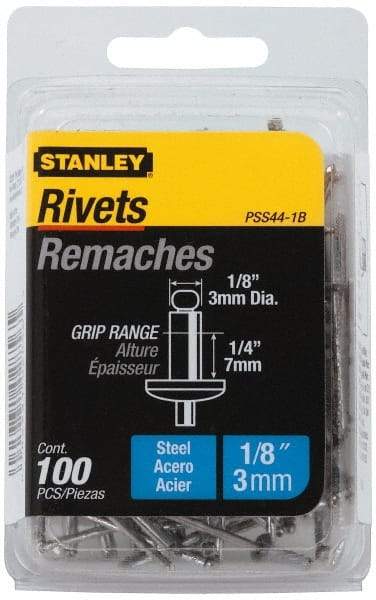 Stanley - Steel Color Coded Blind Rivet - Steel Mandrel, 3/8" to 1/2" Grip, 1/4" Head Diam, 0.125" to 0.133" Hole Diam, 0.65" Length Under Head, 1/8" Body Diam - Americas Industrial Supply