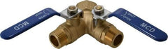 Midwest Control - 3/4 x 1" Pipe, Standard Port, Brass Standard Ball Valve - 2 Piece, Three Way, FNPT x MNPT x MNPT Ends, Lever Handle, 600 WOG, 150 WSP - Americas Industrial Supply