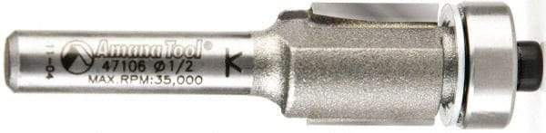 Amana Tool - 1/2" Cut Diam, 1/2" Length of Cut, 2 Flute Flush Trim Edge Profile Router Bit - Carbide-Tipped, 1/4" Shank Diam, 2-1/4" OAL, Uncoated - Americas Industrial Supply