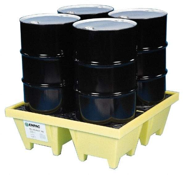 Enpac - 83 Gal Sump, 6,000 Lb Capacity, 4 Drum, Plastic Spill Deck or Pallet - 50" Long x 50" Wide x 13.43" High, Yellow, Liftable Fork, Vertical, 2 x 2 Drum Configuration - Americas Industrial Supply