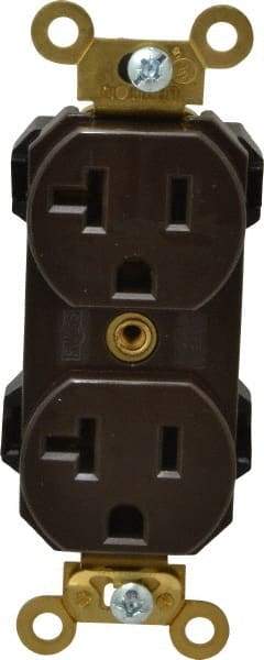 Leviton - 125 VAC, 20 Amp, 5-20R NEMA Configuration, Brown, Industrial Grade, Self Grounding Duplex Receptacle - 1 Phase, 2 Poles, 3 Wire, Flush Mount, Impact and Tamper Resistant - Americas Industrial Supply