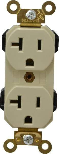 Leviton - 125 VAC, 20 Amp, 5-20R NEMA Configuration, Ivory, Industrial Grade, Self Grounding Duplex Receptacle - 1 Phase, 2 Poles, 3 Wire, Flush Mount, Impact and Tamper Resistant - Americas Industrial Supply