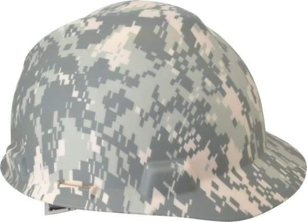 MSA - ANSI Type I, Class E Rated, 4-Point, Ratchet Adjustment Hard Hat - Size 7 to 8-1/2, Standard Brim, Camouflage - Americas Industrial Supply