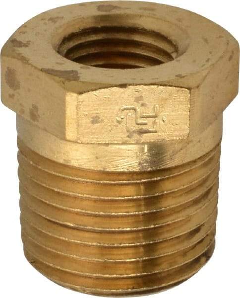 Parker - 1/2 Male Thread x 1/4 Female Thread, Brass Industrial Pipe Hex Bushing - MNPTF x FNPTF, 1,000 psi - Americas Industrial Supply