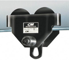 CM - 1/2 Ton Capacity Wide Range Ball Bearing Trolley - 2-1/2" to 5-5/8" Flange Width, 29/32" Wheel Diam, 3" to 15" I-Beam, 35" Min Radius - Americas Industrial Supply