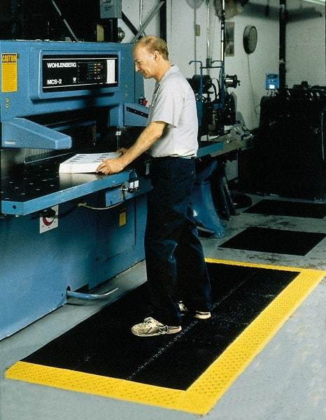 Notrax - 10' Long, Dry/Wet Environment, Anti-Fatigue Matting - Black with Yellow Borders, Vinyl with Vinyl Base, Beveled on 3 Sides - Americas Industrial Supply