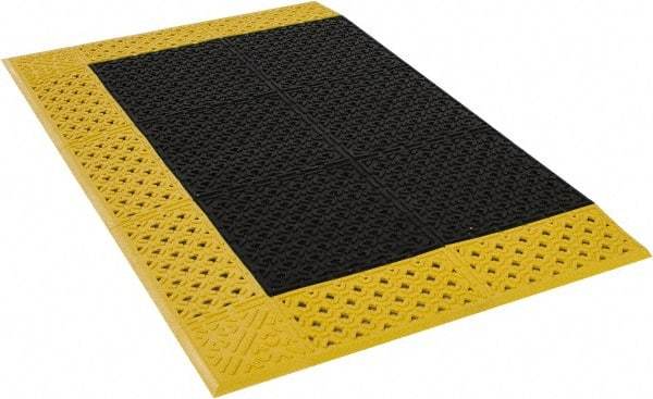 Notrax - 4' Long, Dry/Wet Environment, Anti-Fatigue Matting - Black with Yellow Borders, Vinyl with Vinyl Base, Beveled on 3 Sides - Americas Industrial Supply