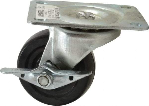 Value Collection - 3" Diam x 1-1/4" Wide x 3-13/16" OAH Top Plate Mount Swivel Caster with Brake - Soft Rubber, 175 Lb Capacity, Self-Lubricating Bearing, 3-1/8 x 4-1/8" Plate - Americas Industrial Supply