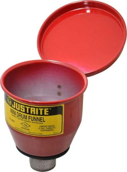 Justrite - 4-1/2" High x 4-1/2" Diam, Galvanized Steel, Manual Closing Pail Funnel with Flame Arrester - 1" Arrester/Tube Length, 5 Gal Drum/Pail Capacity - Americas Industrial Supply