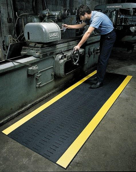Wearwell - 30' Long x 3' Wide, Dry/Wet Environment, Anti-Fatigue Matting - Black with Yellow Borders, Vinyl with Vinyl Base, Beveled on 4 Sides - Americas Industrial Supply