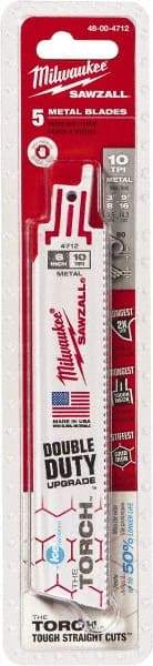 Milwaukee Tool - 6" Long x 1" Thick, Bi-Metal Reciprocating Saw Blade - Straight Profile, 10 TPI, Toothed Edge, Universal Shank - Americas Industrial Supply