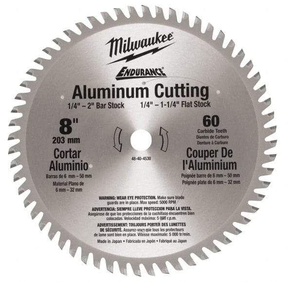 Milwaukee Tool - 8" Diam, 5/8" Arbor Hole Diam, 60 Tooth Wet & Dry Cut Saw Blade - Carbide-Tipped, Burr-Free & Smooth Action, Standard Round Arbor - Americas Industrial Supply