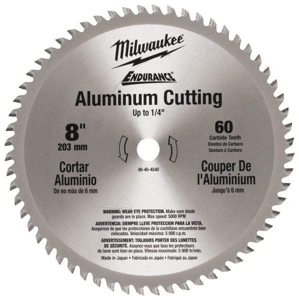 Milwaukee Tool - 8" Diam, 5/8" Arbor Hole Diam, 60 Tooth Wet & Dry Cut Saw Blade - Carbide-Tipped, Burr-Free & Smooth Action, Standard Round Arbor - Americas Industrial Supply