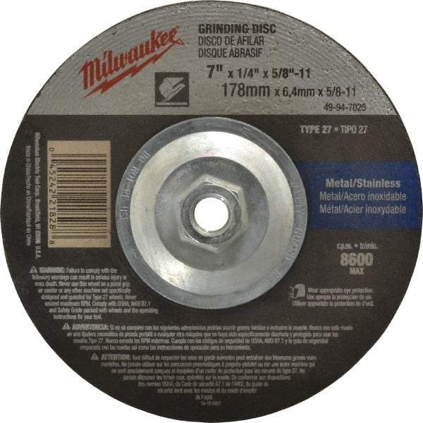 Milwaukee Tool - 24 Grit, 7" Wheel Diam, 1/4" Wheel Thickness, Type 27 Depressed Center Wheel - Aluminum Oxide, Resinoid Bond, R Hardness, 8,600 Max RPM, Compatible with Angle Grinder - Americas Industrial Supply
