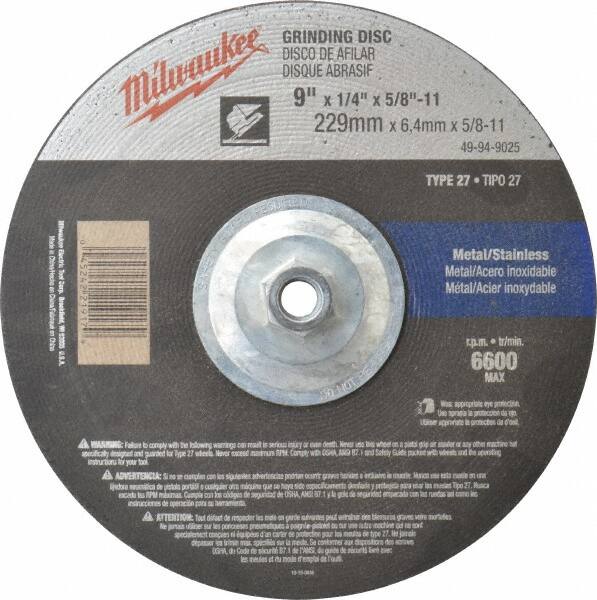 Milwaukee Tool - 24 Grit, 9" Wheel Diam, 1/4" Wheel Thickness, Type 27 Depressed Center Wheel - Aluminum Oxide, Resinoid Bond, R Hardness, 6,600 Max RPM, Compatible with Angle Grinder - Americas Industrial Supply