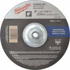 Milwaukee Tool - 24 Grit, 9" Wheel Diam, 1/4" Wheel Thickness, Type 27 Depressed Center Wheel - Aluminum Oxide, Resinoid Bond, R Hardness, 6,600 Max RPM, Compatible with Angle Grinder - Americas Industrial Supply