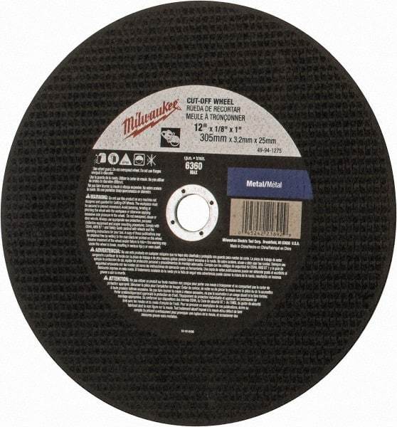 Milwaukee Tool - 12" 24 Grit Aluminum Oxide Cutoff Wheel - 1/8" Thick, 1" Arbor, 6,360 Max RPM, Use with Angle Grinders - Americas Industrial Supply