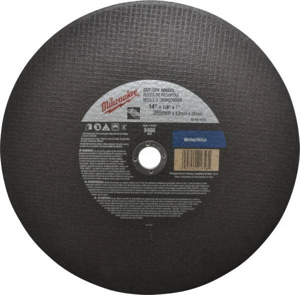 Milwaukee Tool - 14" 24 Grit Aluminum Oxide Cutoff Wheel - 1/8" Thick, 1" Arbor, 5,400 Max RPM, Use with Angle Grinders - Americas Industrial Supply