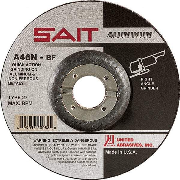 Sait - 46 Grit, 5" Wheel Diam, 1/4" Wheel Thickness, 7/8" Arbor Hole, Type 27 Depressed Center Wheel - Aluminum Oxide, Resinoid Bond, N Hardness, 12,200 Max RPM, Compatible with Angle Grinder - Americas Industrial Supply