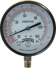 Winters - 4" Dial, 1/4 Thread, 30-0-150 Scale Range, Pressure Gauge - Lower Connection Mount, Accurate to 3-2-3% of Scale - Americas Industrial Supply