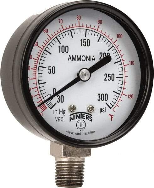 Winters - 2-1/2" Dial, 1/4 Thread, 30-0-300 Scale Range, Pressure Gauge - Lower Connection Mount, Accurate to 3-2-3% of Scale - Americas Industrial Supply