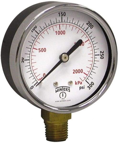 Winters - 2-1/2" Dial, 1/4 Thread, 0-300 Scale Range, Pressure Gauge - Lower Connection Mount, Accurate to 3-2-3% of Scale - Americas Industrial Supply