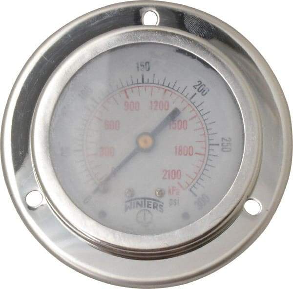 Winters - 2-1/2" Dial, 1/4 Thread, 0-300 Scale Range, Pressure Gauge - Front Flange Panel Mount, Center Back Connection Mount, Accurate to 1.5% of Scale - Americas Industrial Supply